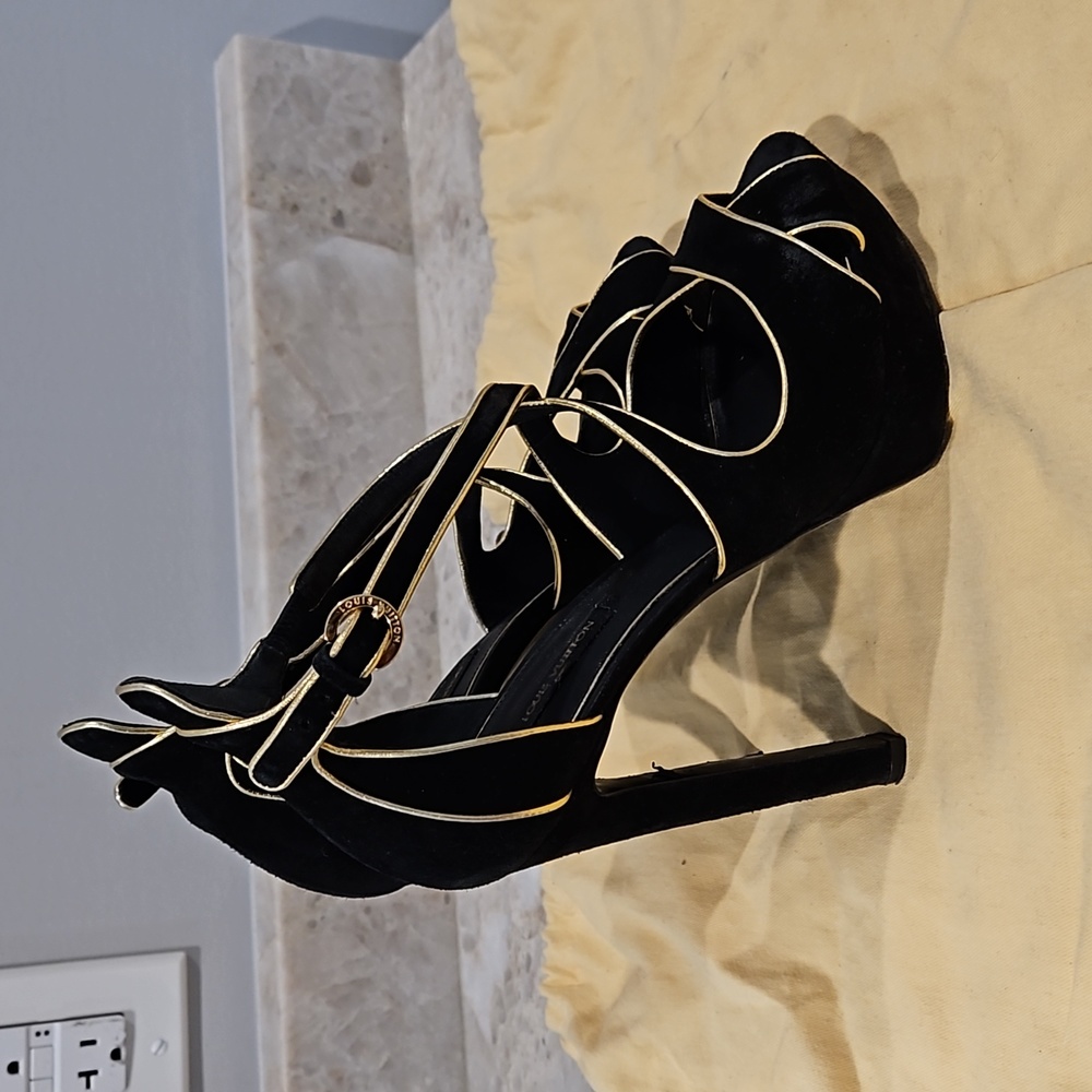 Louis Vuitton black velvet with gold piping heels
